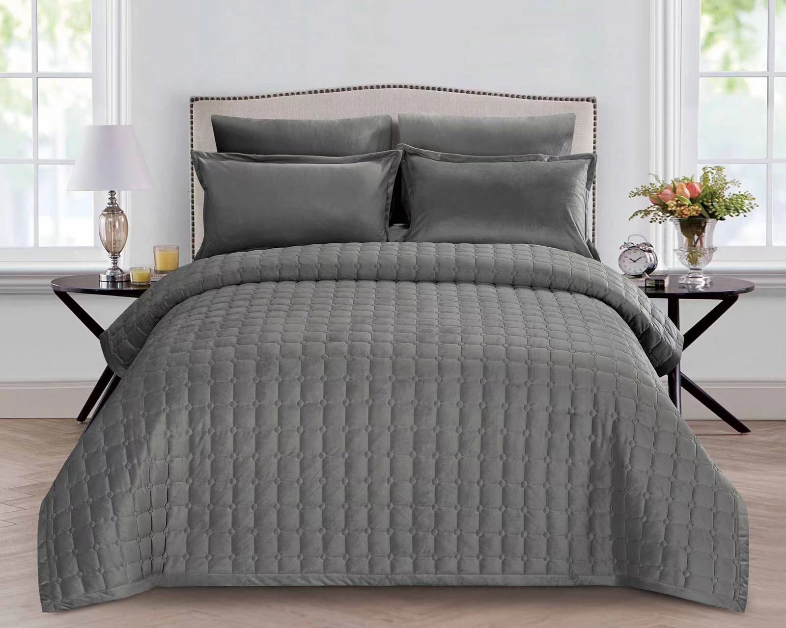 لحاف سرير مربعات لون رمادى